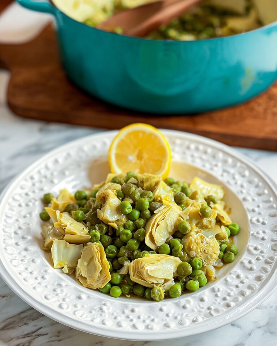 The dish shows a white round plate with a raised dot pattern around the edge, placed on a wooden slice. It holds cooked green peas mixed with pale yellow artichoke pieces that have a soft, layered texture. A half lemon with a bright yellow, juicy interior sits on the right side of the plate, adding a fresh pop of color. The peas are small and round with a moist look, and the artichokes are bigger with a tender, slightly rough surface. The background features a white marbled surface with two blurred turquoise containers providing cool color contrast. The overall look is colorful and fresh. photo taken with an iphone --ar 4:5 --v 7