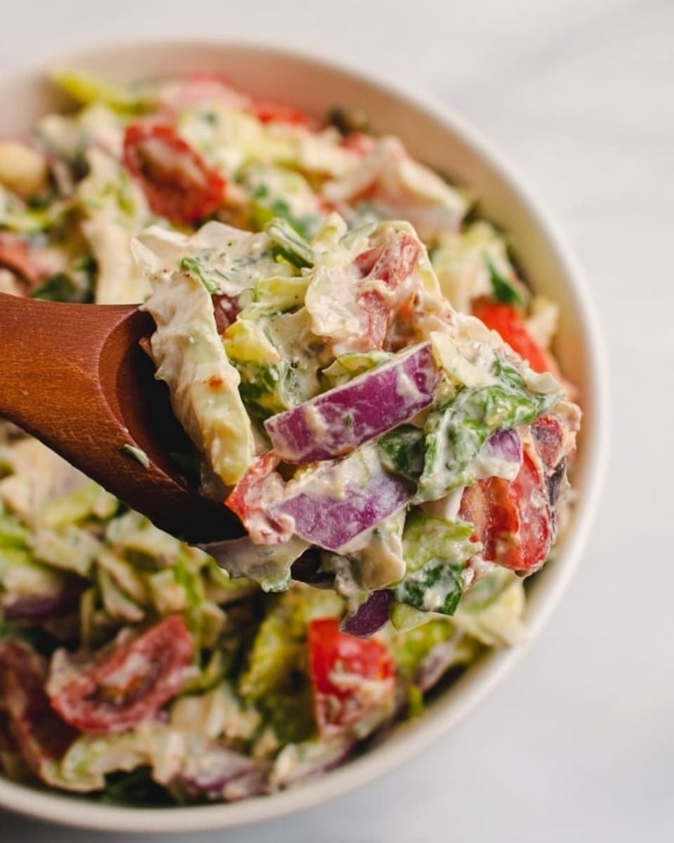 The image shows a close-up of a fresh salad in a white bowl resting on a white marbled surface. The salad has several layers mixed together, including chunks of white cabbage, bright green leafy vegetables, small slices of red tomatoes, and thin slices of purple onion all coated lightly in a creamy dressing. In the foreground, a wooden spoon held by a woman's hand is scooping up some of the salad, emphasizing the mix of colors and textures. The overall look is fresh, colorful, and appetizing. photo taken with an iphone --ar 4:5 --v 7