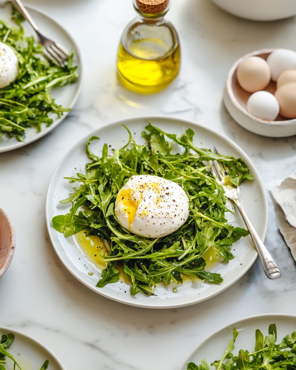 A white plate on a white marbled surface holds a colorful salad with two layers: the bottom layer is a bed of fresh, bright green arugula leaves spread evenly, and on top in the center sits a round, white burrata cheese with a creamy texture, drizzled with golden olive oil and sprinkled with coarse black pepper. Surrounding the main plate, there are similar plates partially visible with more arugula and burrata. Behind the plate, there is a small glass bottle of olive oil with a cork stopper and blurred kitchen items including a white bowl with round white and beige items, all on the same white marbled surface photo taken with an iphone --ar 4:5 --v 7
