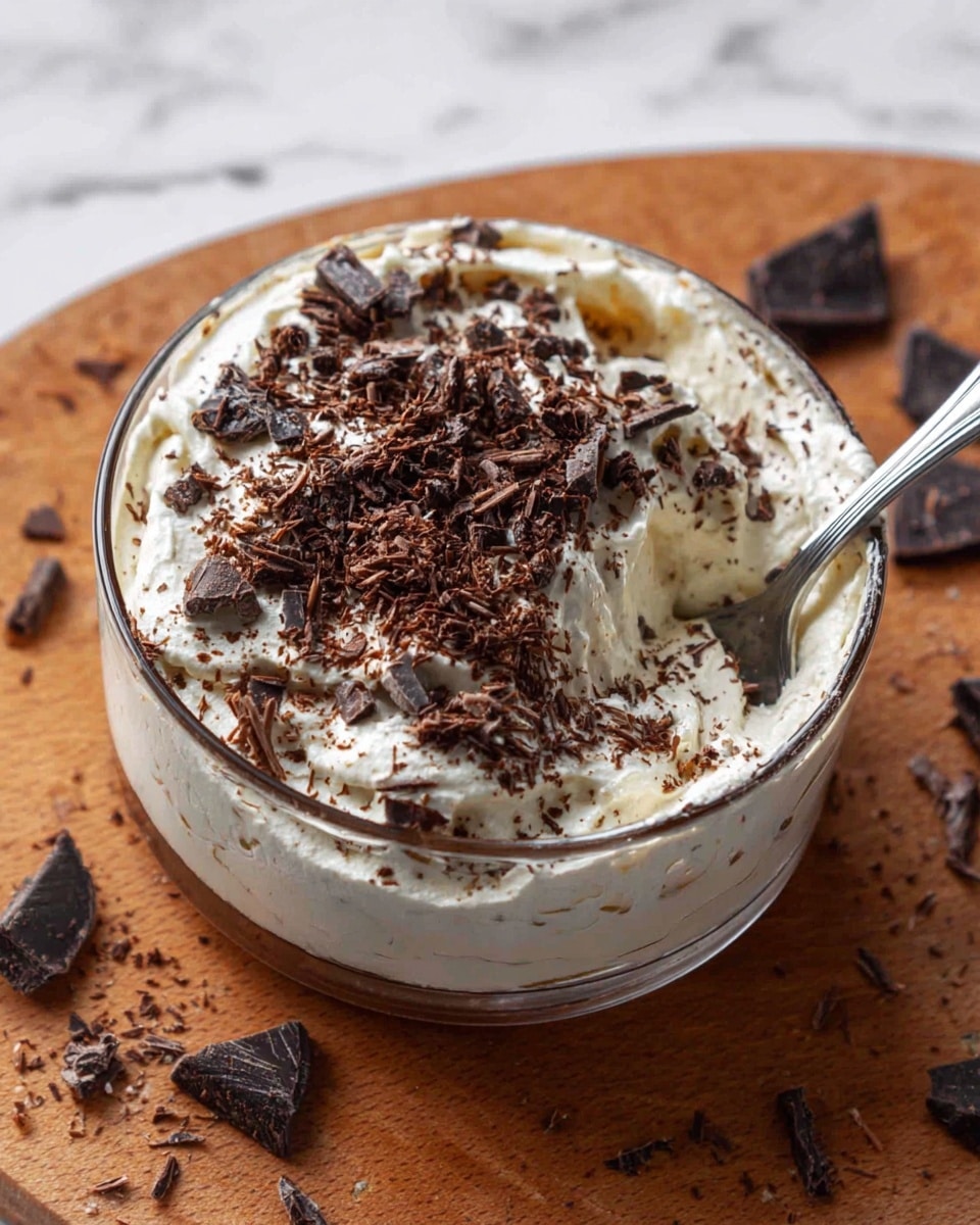 A clear round glass bowl filled with a thick, creamy white dessert mixture that has a smooth but slightly textured surface. The top layer is sprinkled with uneven dark brown chocolate shavings, some larger chunks and some fine bits scattered across, adding a rough texture contrast. A silver spoon is partially dipped in the cream, resting inside the bowl near the top right side, blending into the cream's folds. The bowl sits on a wooden board with scattered chocolate shavings around it. The background is a white marbled texture. photo taken with an iphone --ar 4:5 --v 7
