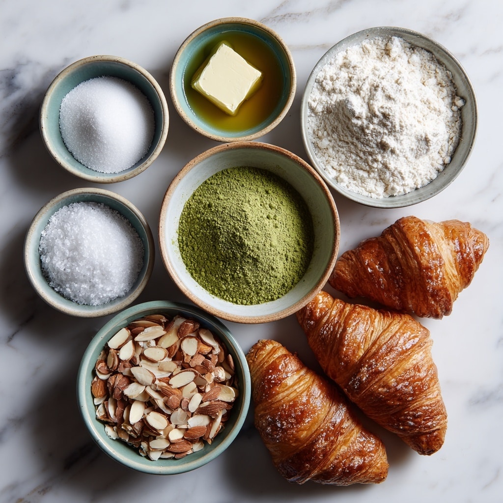 Two croissants sit side by side on a wooden cutting board placed on a white marbled textured surface. Each croissant has a light to dark brown flaky crust with visible layers and is topped with a thick, uneven layer of green cream sauce that spills over the sides. The green sauce is sprinkled with thin, pale almond slices and dusted with white powdered sugar, adding a delicate finishing touch. The background is softly blurred, keeping the focus on the croissants and the wooden board photo taken with an iphone --ar 4:5 --v 7