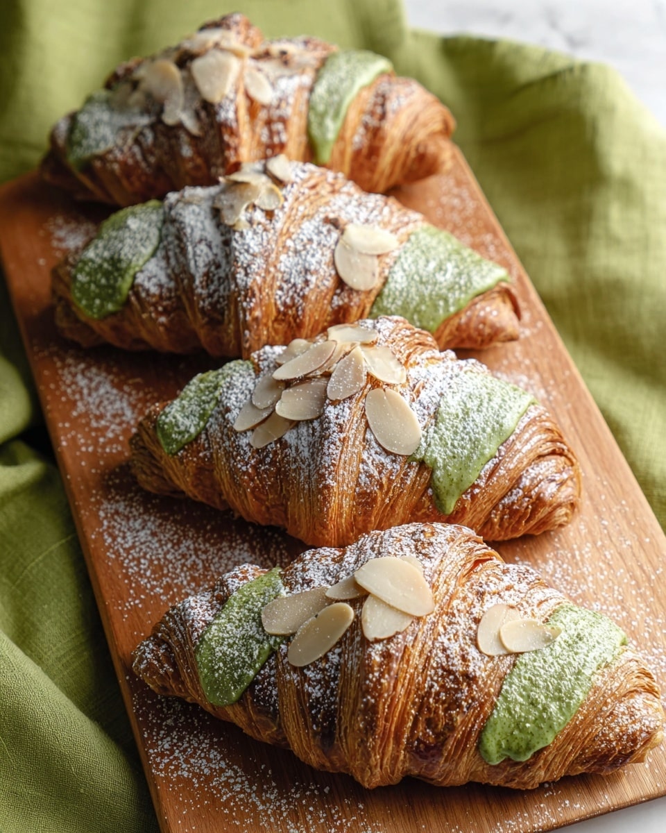 The image shows several pastries with three main layers: a golden-brown, flaky croissant base; a thick, smooth, bright green filling in the middle; and a shiny green topping on the croissants sprinkled with thin white almond slices. The pastries are dusted with white powdered sugar, which lightly covers the top and sides. One pastry is cut in half to reveal the green filling and the flaky texture inside, stacked on a wooden board that rests on a white marbled surface. Photo taken with an iphone --ar 4:5 --v 7