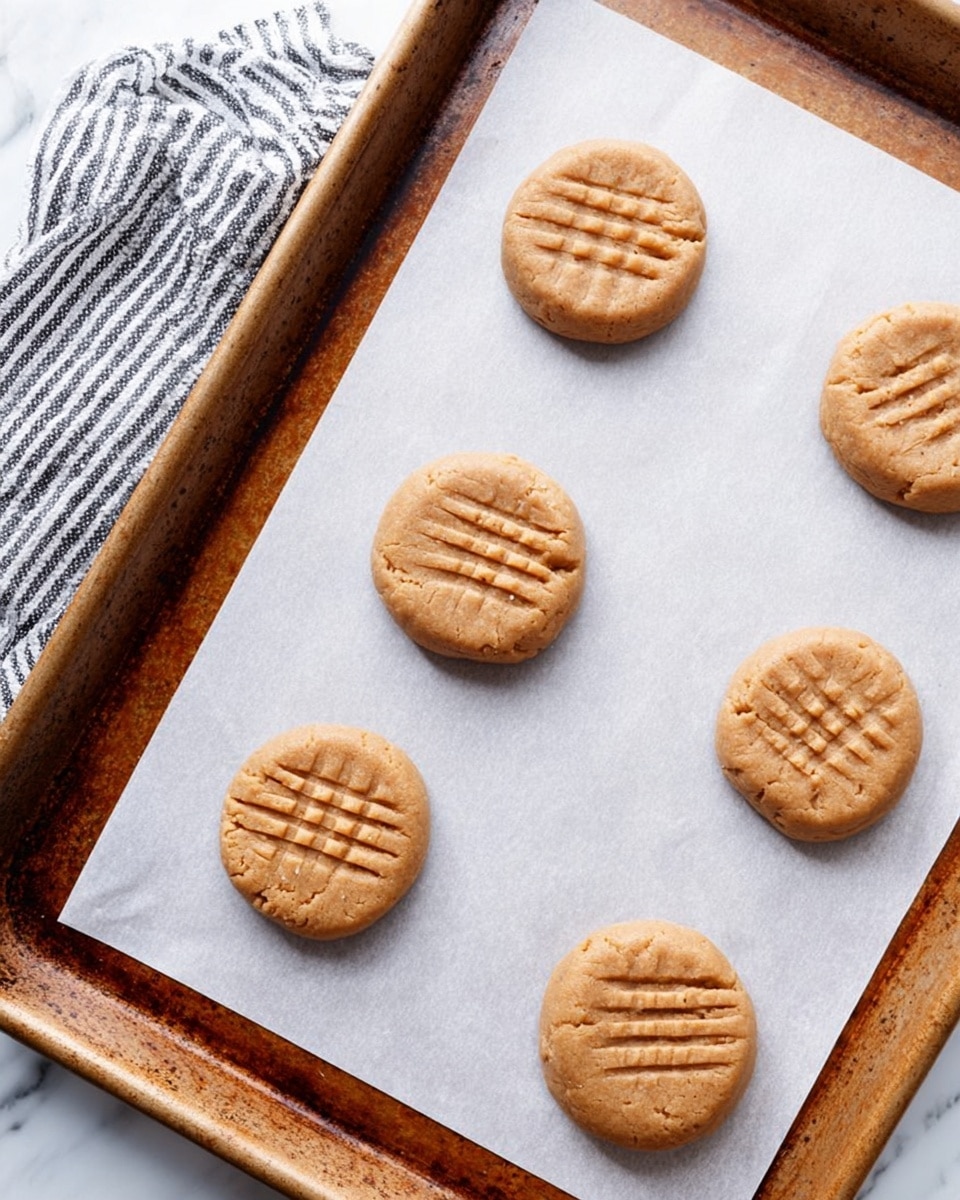A baking tray lined with parchment paper holds five raw peanut butter cookies spaced apart in two rows; each cookie is round and light brown with a smooth texture, pressed down flat, showing four parallel fork marks on top. The tray's edge is rusty brown, and part of a wooden board and a striped towel are seen beneath the tray. The background is a white marbled surface. photo taken with an iphone --ar 4:5 --v 7