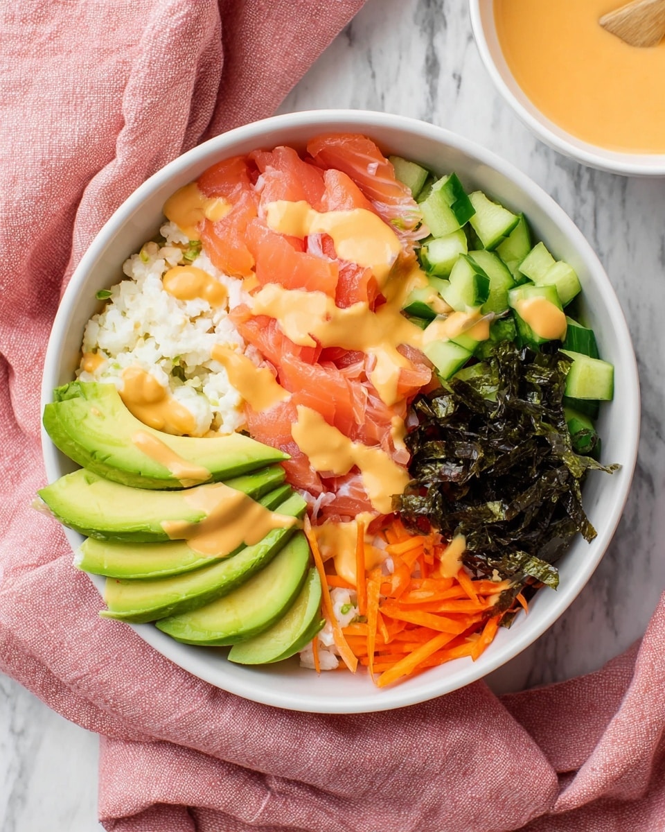 A white bowl filled with five distinct layers arranged side by side: creamy white cottage cheese on the left, next to thin slices of bright pink smoked salmon in the middle, fresh diced green cucumber pieces at the top right, dark strips of seaweed beneath the cucumber, and thin orange carrot sticks at the bottom right. A smooth light orange sauce is drizzled evenly across the top of all layers. At the bottom left edge, there are several slices of green avocado fanned out. The bowl is placed on a white marbled surface with a soft pink cloth partially under it, and the corner of another white bowl with orange sauce is visible to the top right. Photo taken with an iphone --ar 4:5 --v 7