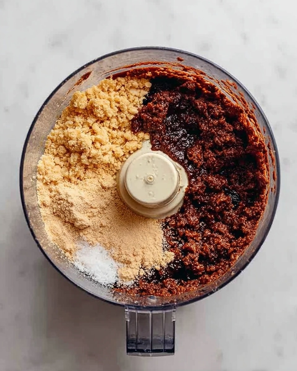 The image shows a clear food processor bowl on a white marbled surface, filled with different ingredients layered inside. The bottom layer is a pale beige powder, topped by a light brown crumbly layer on the left half and a darker sticky layer with small clumps on the right half. There are also some white granules spread on top near the center. The second image shows the same bowl with everything blended into a fine, smooth, dark brown mixture with a slightly sticky texture. Photo taken with an iphone --ar 4:5 --v 7