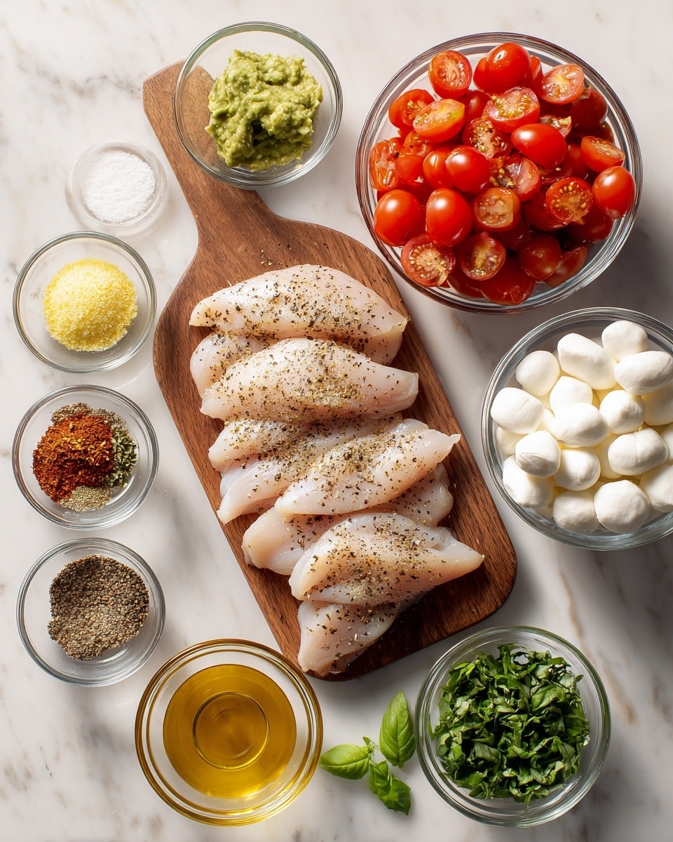The image shows a white marbled surface with ingredients neatly arranged around a wooden board in the center holding four raw chicken slices seasoned with black pepper and salt. To the top right of the chicken, there is a clear glass bowl filled with bright red cherry tomatoes, some sliced in half, and next to it on the far right is another clear bowl filled with small white mozzarella balls. Below the mozzarella is a small glass bowl with chopped green basil leaves, followed by a small dish of golden avocado oil directly underneath. On the left side of the chicken, there are six small clear glass bowls arranged in two rows, holding minced garlic, yellow mustard, black pepper, white salt, Italian seasoning, and dark balsamic vinegar. Below these is a bowl of honey, rich in amber color. Each ingredient is labeled with black text above or beside it. The whole setting is clean and bright, with natural lighting, presenting the ingredients clearly and invitingly. Photo taken with an iphone --ar 4:5 --v 7