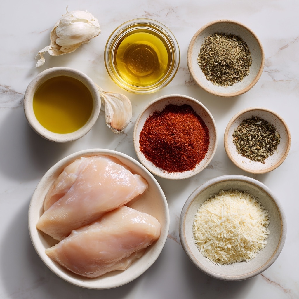 The image shows a white oval baking dish filled with four pieces of cooked chicken topped with melted golden-brown cheese and herbs. Each chicken piece is thick and covered with a crispy, browned layer of cheese mixed with finely chopped green herbs. The cheese looks creamy and bubbly with specks of black pepper. The chicken sits in a small amount of white creamy sauce with visible flecks of green herbs. The dish is placed on a light brown cloth over a white marbled surface, and fresh green parsley leaves are seen in the background. photo taken with an iphone --ar 4:5 --v 7