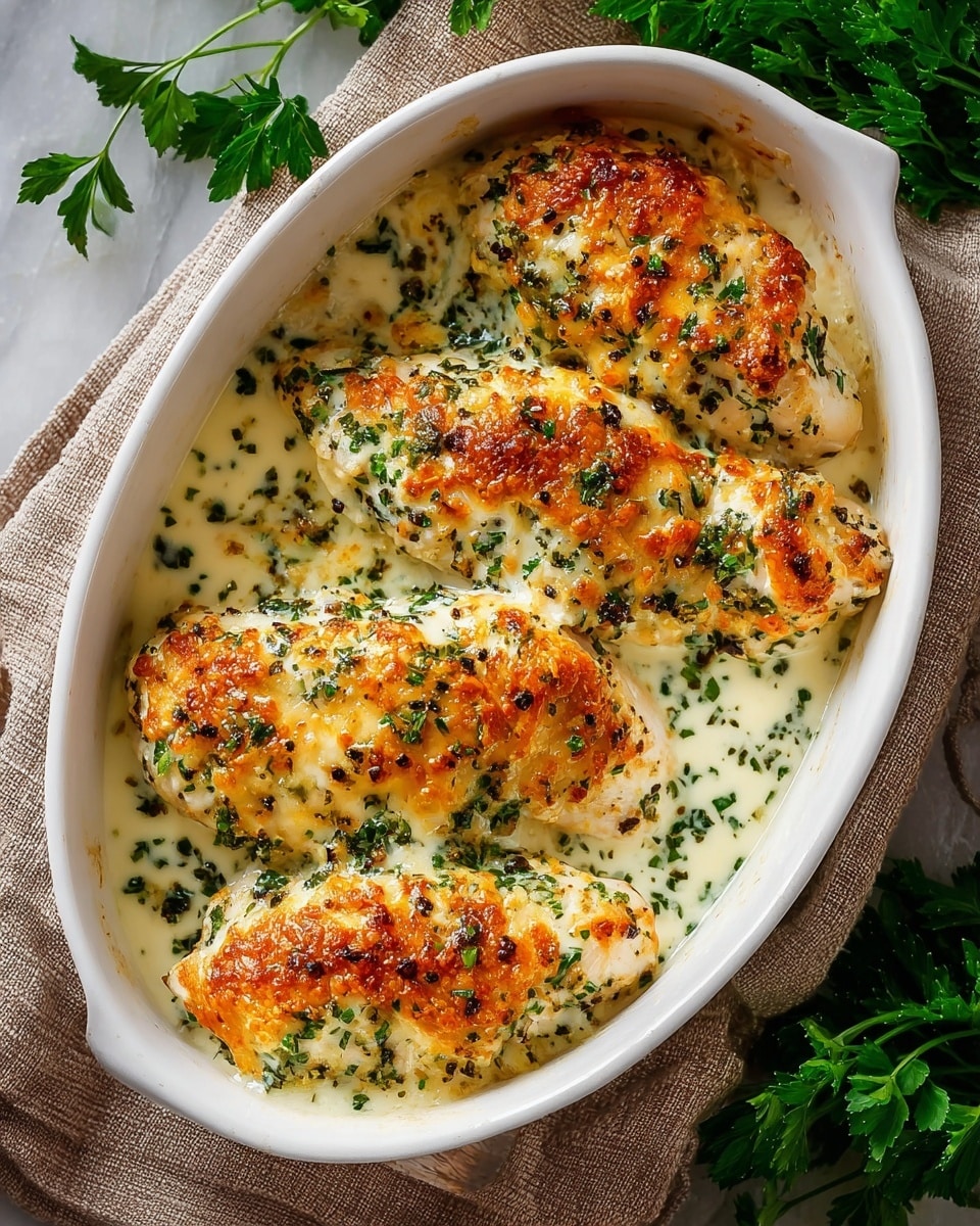 The image shows three golden-brown cooked chicken pieces with a slightly crispy texture on top, sitting in a creamy, light yellow sauce. The chicken pieces have scattered white shredded cheese melted on them and are garnished with fresh green parsley leaves. The creamy sauce has a smooth texture and pools around the chicken, with some herbs floating in it, adding color and texture. The dish is presented on a white marbled surface. photo taken with an iphone --ar 4:5 --v 7
