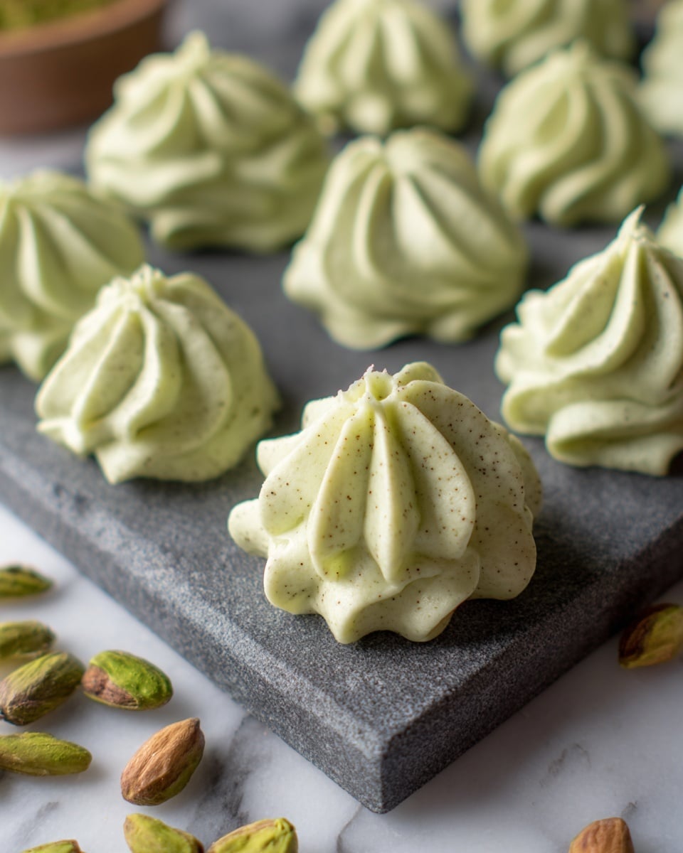 The image shows several dollops of soft, light green cream with small brown specks, piped in star-shaped swirls on a dark grey stone slab. The cream has a smooth, creamy texture with defined ridges from the piping. The dollops vary in size and are arranged in rows, with some round and others elongated. In the bottom left corner, greenish-brown nuts are scattered on the white marble surface beneath the slab, adding a natural touch to the scene. The photo is sharp in the foreground, with a blurred background that highlights the cream's delicate details, photo taken with an iphone --ar 4:5 --v 7