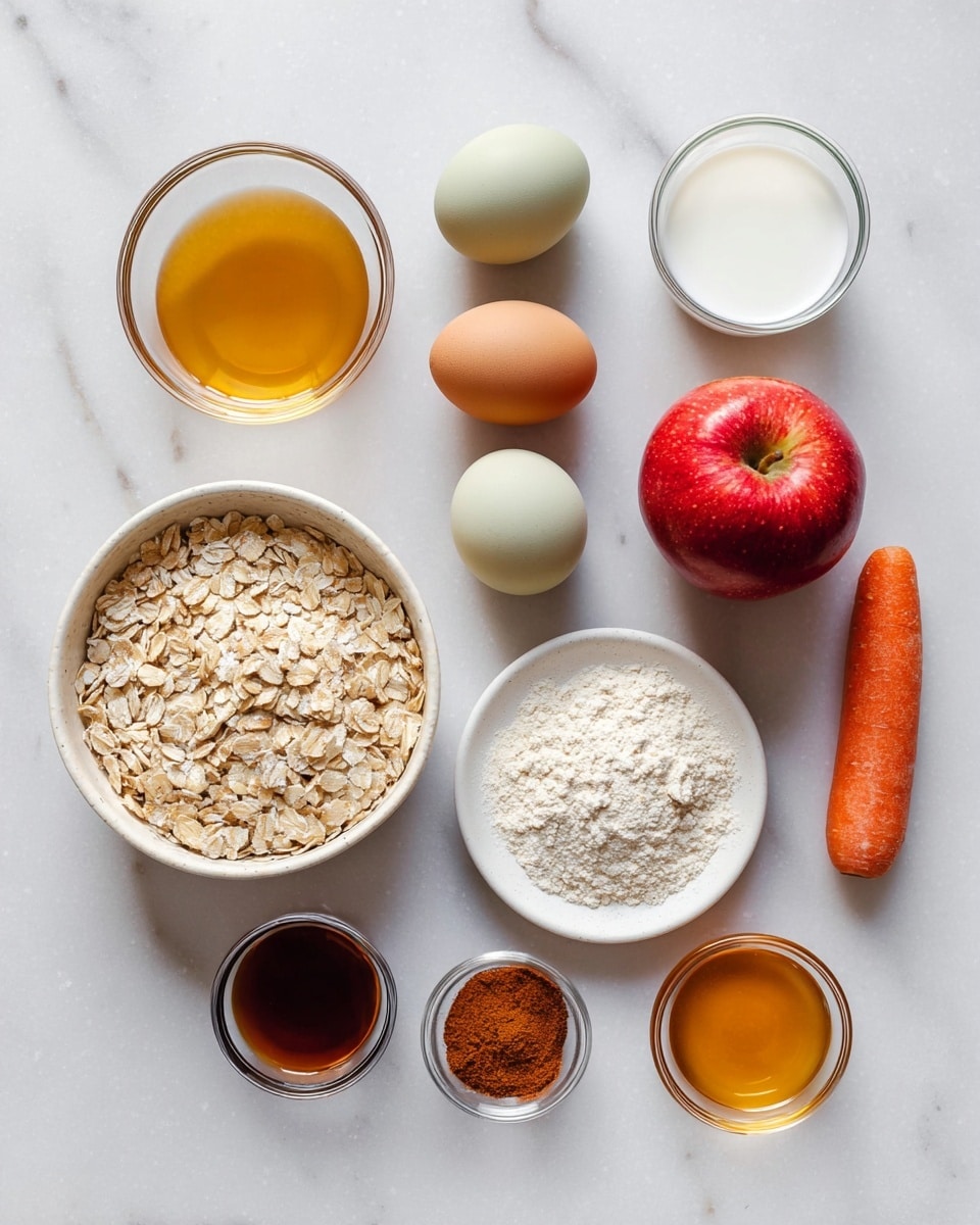 The image shows an overhead view of raw ingredients placed on a white marbled surface. Starting from the bottom left, there is a white bowl filled with dry oats, showing a beige and lightly textured surface. Above the bowl, three eggs are arranged vertically with colors ranging from pale green at the top to light brown and dark brown below. To the right of the eggs, a small clear glass bowl holds a white liquid, likely milk. Above this bowl, another small clear glass bowl contains a dark brown liquid, probably vanilla extract. To the left of this, a larger clear glass bowl holds a golden liquid, likely oil. To the right of all these, a round white plate holds three piles of dry powders: white flour, white baking powder or baking soda, and a reddish-brown cinnamon powder. Towards the top right of the image, a whole red apple rests with a shiny, smooth surface. Below the apple, a whole orange carrot with a bit of green top remains intact. At the bottom right, another small clear bowl holds a light amber liquid, likely honey. All items are carefully spaced and arranged neatly on the white marbled texture. Photo taken with an iphone --ar 4:5 --v 7