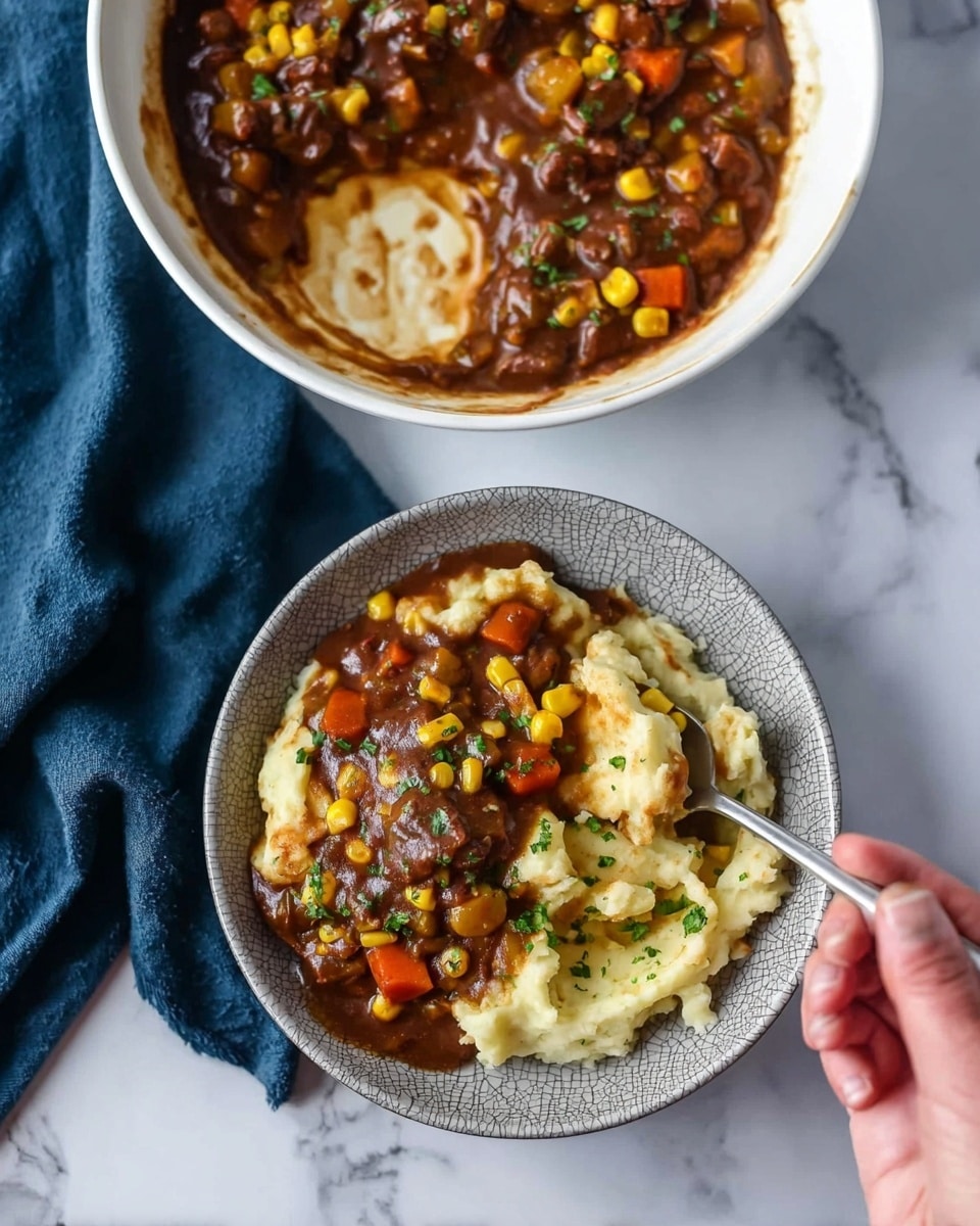 A white bowl filled with a dark brown stew that contains chunks of vegetables like orange carrots, yellow corn, and green herbs mixed throughout. A portion of the stew is missing from the bowl, showing a creamy, pale yellow layer underneath. In front of the bowl is a smaller gray bowl with a cracked texture, holding a serving of creamy mashed potatoes topped with the same dark brown stew and colorful vegetables, garnished with green herbs. A woman's hand holds a spoon scooping the stew and potatoes. The background is a white marbled surface with a dark blue cloth visible nearby. photo taken with an iphone --ar 4:5 --v 7