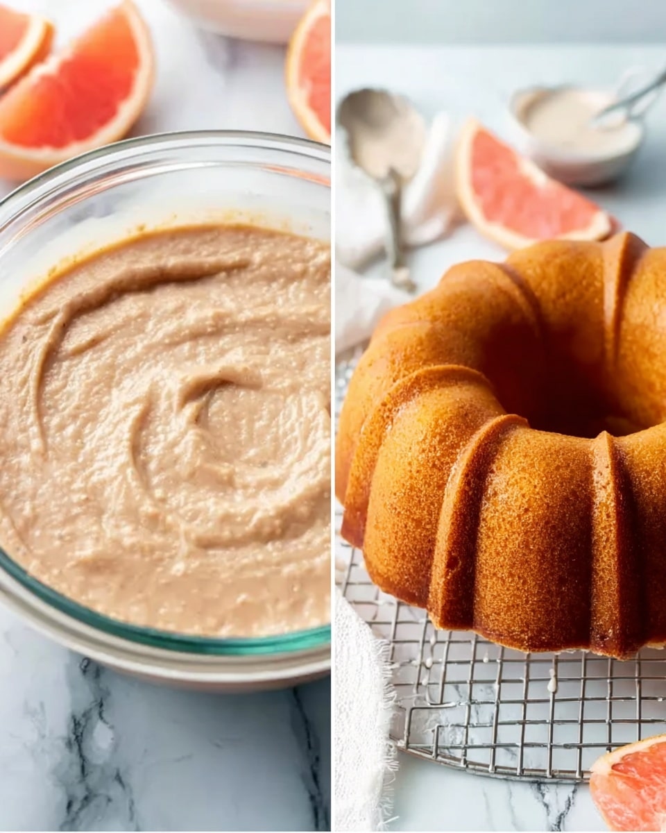 The image is split into two parts. On the left side, there is a clear glass bowl filled with a thick light brown batter with a slightly rough texture. The bowl sits on a white marbled surface. On the right side, there is a baked bundt cake with a warm golden brown color and a smooth surface, placed on a white cooling rack over a white marbled background. Around the cake, there are a few segments of pink grapefruit, a silver spoon, and a glass bowl with light cream-colored sauce. The scene looks fresh and inviting. Photo taken with an iphone --ar 4:5 --v 7