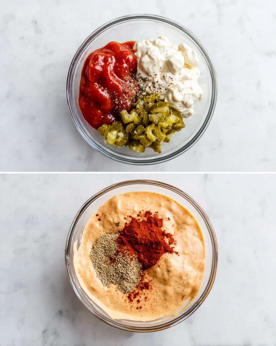 A clear glass bowl sits on a white marbled surface, filled with separate dollops of white mayonnaise, bright red ketchup, finely chopped green pickles, dark red paprika powder, and a sprinkle of black pepper on top, all arranged in distinct spots within the bowl. The next image shows the same bowl on the same surface, now with all the ingredients mixed into a smooth, creamy, light orange sauce with a slightly thick texture. photo taken with an iphone --ar 4:5 --v 7