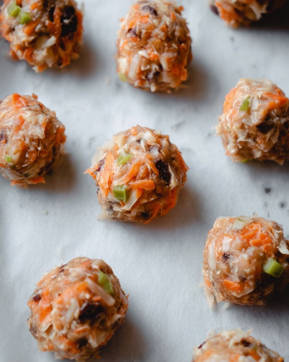 The image shows several small round balls of mixed ingredients placed on white parchment paper. Each ball has layers of shredded orange and light beige textures, with small visible pieces of green and dark brown scattered throughout. The balls are arranged in rows, and they appear moist and slightly sticky in texture. The whole scene is set against a white marbled surface. photo taken with an iphone --ar 4:5 --v 7
