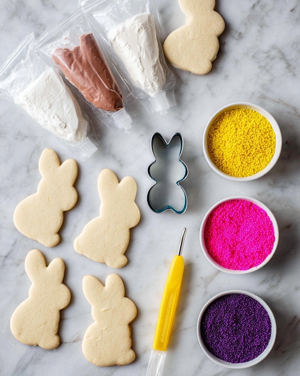 The image shows seven plain bunny-shaped sugar cookies arranged on a white marbled surface, with five on the left side and two near the bottom. Near the center is a silver metal bunny cookie cutter. To the left, there are two piping bags, one filled with white icing and the other with brown icing, both sealed at the top. On the right side, there are three small white bowls filled with colored sugar sprinkles: bright yellow in the top bowl, bright pink in the middle, and dark purple in the bottom bowl. A small yellow tool with a thin metal tip is placed between the purple and pink bowls. Photo taken with an iphone --ar 4:5 --v 7