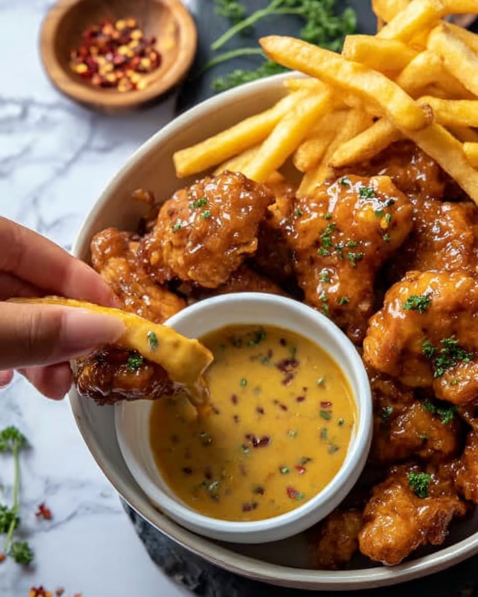 A clear glass cup filled with a thick, creamy mustard-yellow sauce with visible small red and green spices inside is placed in the center of a round white plate. Surrounding the glass cup is a neat ring of golden, crispy fries, arranged closely together and slightly overlapping. The white plate sits on a white marbled surface, offering a clean, light background. The texture of the sauce looks smooth but speckled with fine herbs and spices, while the fries have a crunchy, golden-brown exterior. Photo taken with an iphone --ar 4:5 --v 7