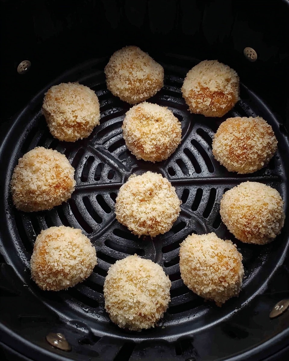 The image shows a black air fryer basket with twelve round, breaded food pieces evenly spaced inside. Each piece is light brown with a crumbly texture, and none overlap. The basket’s black surface has slotted holes arranged in a spiral pattern, and its sides show small square openings for air circulation. The lighting highlights the rough texture of the breading on the pieces. Photo taken with an iphone --ar 4:5 --v 7