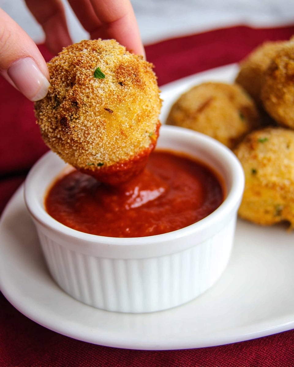 A woman's hand is holding a round, golden-brown breaded ball, dipping it into a white ramekin filled with smooth, rich red marinara sauce. The breaded ball has a coarse, crumbly texture with small green herb bits visible. In the background, more breaded balls rest on a white plate, all set on a white marbled surface with a soft red cloth partially visible. The lighting highlights the warm colors and textures clearly. photo taken with an iphone --ar 4:5 --v 7