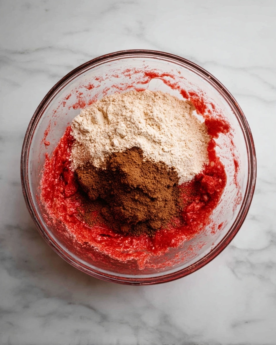 A clear glass bowl sits on a white marbled surface, containing three main layers of ingredients. The bottom layer is a bright red moist mixture spread unevenly against the sides and base of the bowl. On top of this are two piles of dry powdered ingredients: one is a light beige flour, and the other is a darker brown powder, slightly overlapping the flour. The mixture creates a strong contrast of colors and textures inside the transparent bowl. photo taken with an iphone --ar 4:5 --v 7