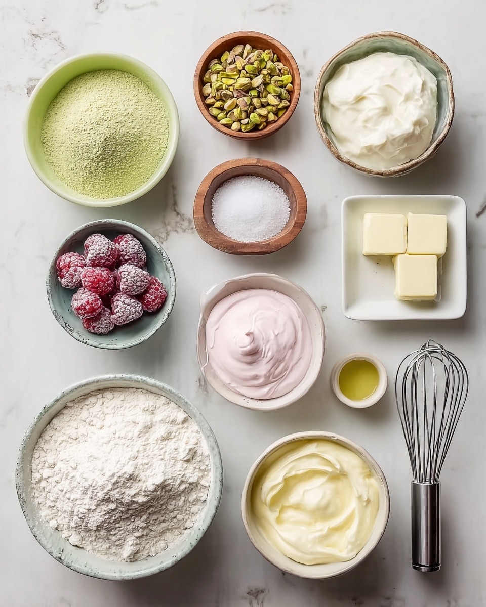 This image shows a top view of several small bowls arranged neatly on a white marbled surface. There is one large white bowl filled with white flour in the bottom left. Next to it, a small gray bowl contains green chopped pistachios. Above the flour, on the left side, a green bowl has a mound of light green powder. In the middle-left, a wooden bowl holds white granulated sugar, and next to it, a smaller wooden bowl contains fine salt. In the center, a white bowl has frozen raspberries covered in frost. To the right of the raspberries, a square white bowl holds pink cream. Near the top right, a round white bowl has thick white cream, and a small square white bowl contains two pieces of pale yellow butter. Below, a white bowl is filled with pale yellow whipped butter or cream, and next to it, another white bowl contains milk. A silver whisk with a black handle is placed on the far right side. A small white spouted bowl holds golden yellow oil near the top middle. All elements are placed on a clean white marbled texture, capturing a neat, organized cooking setup. Photo taken with an iphone --ar 4:5 --v 7