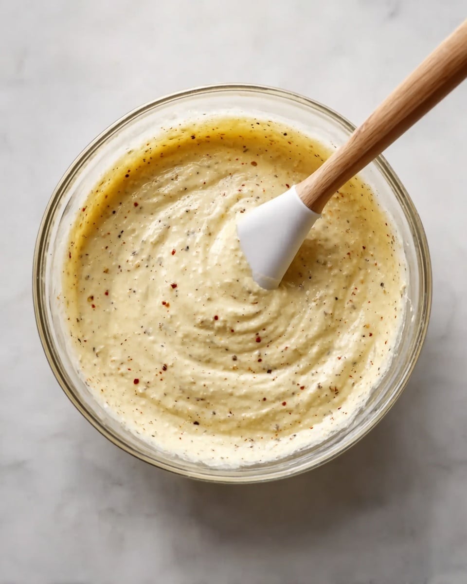 A clear glass bowl filled with a creamy, light yellow mixture that has small black and red specks scattered evenly throughout. The mixture looks smooth and thick. A white spatula with a wooden handle is partly stuck into the mixture, resting at an angle inside the bowl. The bowl sits on a white marbled surface, giving a clean and simple look photo taken with an iphone --ar 4:5 --v 7
