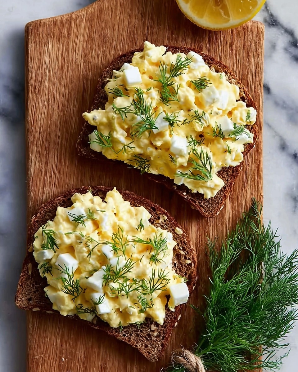 Two slices of dark whole grain bread lie on a wooden board, each topped with a thick spread of pale yellow egg salad mixed with small white chunks of egg white. Bright green dill leaves are scattered on the egg salad, adding texture and color. At the bottom right corner of the board, a small bunch of fresh dill is tied with twine. To the upper right of the board, a yellow lemon slice is partly visible. The scene is set on a white marbled surface. photo taken with an iphone --ar 4:5 --v 7