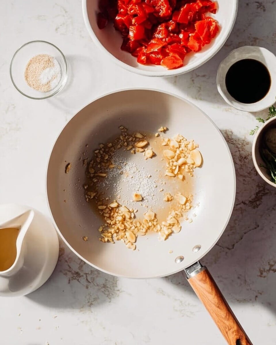 A white wok with wooden handles contains thinly sliced light brown garlic pieces frying in oil, scattered lightly with salt crystals. Around the wok, on a white marbled surface, there is a small clear bowl of white salt, a white pitcher with beige liquid, and a white bowl filled with rich, chunky red tomato pieces. Photo taken with an iphone --ar 4:5 --v 7