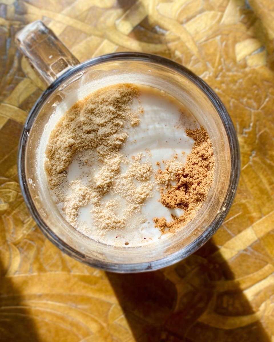 A clear glass cup filled with light beige powder on the top with a small amount of white liquid drizzled over it, and a bit of brown powder sprinkled on one side, all sitting on a surface with a golden wooden pattern. The view is from above showing the textures clearly, photo taken with an iphone --ar 4:5 --v 7