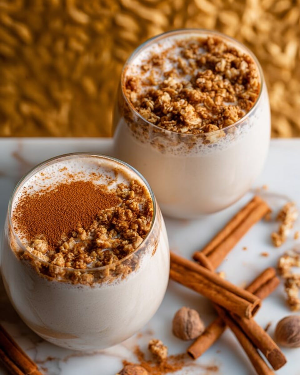 The image shows two round glasses filled with a creamy light beige drink. Each drink is topped with two sections of toppings: one side has a light brown crumbly granola or nut mix, and the other side is dusted with a rich cinnamon powder, creating a clear division on the surface. Around the glasses, there are several cinnamon sticks and some light brown nut pieces scattered on a white marbled surface. The background has a soft focus, featuring a warm golden-brown textured pattern. photo taken with an iphone --ar 4:5 --v 7