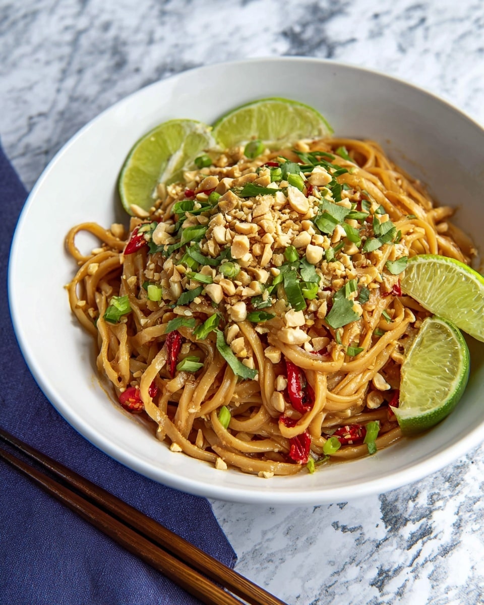 A white bowl holds a serving of thick noodles with a shiny, light brown sauce that lightly coats them, mixed with slices of red chili peppers spread inside. On top, there is a thick layer of chopped green onions and fresh herbs, covered with a generous pile of roughly chopped peanuts. Around the edges of the noodles, green lime wedges with bright, juicy flesh add a fresh contrast. The bowl sits on a white marbled surface with a pair of chopsticks nearby. photo taken with an iphone --ar 4:5 --v 7
