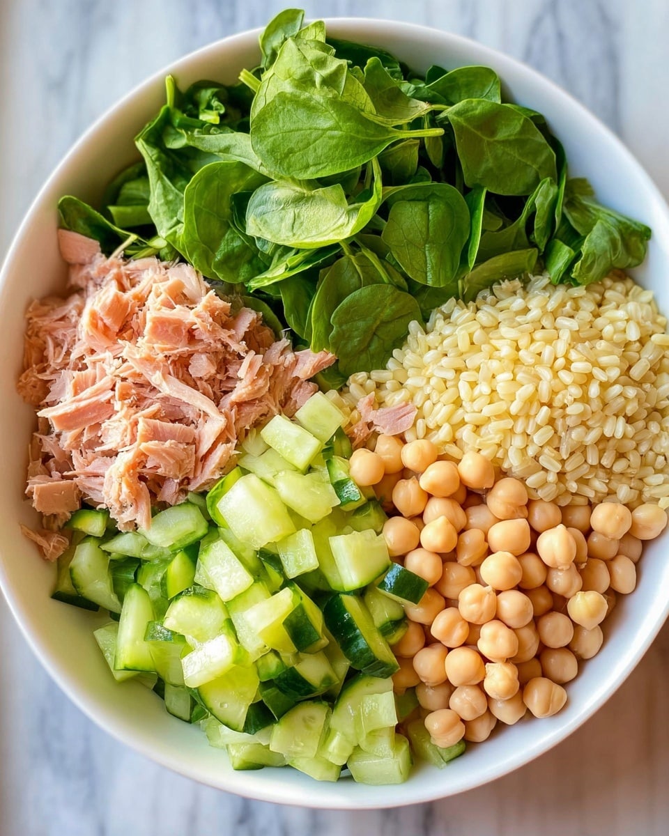 A white bowl holds five separate layers arranged in sections: at the top right, a pile of small, pale yellow rice grains; next to it on the right, bright green spinach leaves with a fresh, slightly crinkled texture; below the spinach, pieces of light green cucumber cut into small chunks; on the bottom left, shredded light pink tuna with a soft texture; and above the tuna on the top left, a pile of round, light beige chickpeas. The bowl is placed on a white marbled surface. photo taken with an iphone --ar 4:5 --v 7