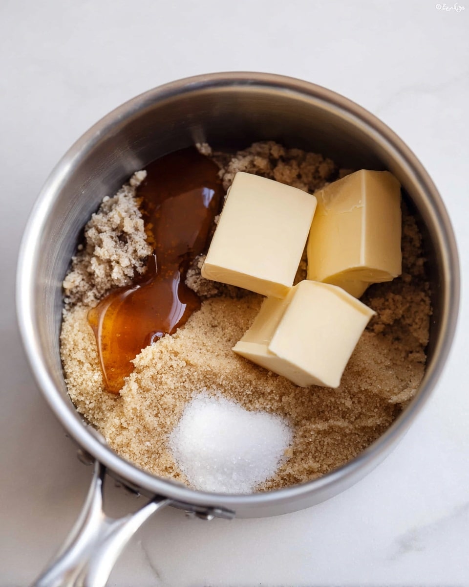 The image shows a stainless steel saucepan placed on a white marbled surface, filled with three main layers of ingredients. At the bottom, there is a layer of light brown sugar with a grainy texture. On top of the sugar, on the right side, there are three sizeable blocks of pale yellow butter arranged close together. On the left side, slightly overlapping the sugar, there is a glossy amber-colored syrup or honey layer. In the center of the sugar layer, there is a small pile of white granulated salt. The overall composition looks ready for cooking or mixing. Photo taken with an iphone --ar 4:5 --v 7