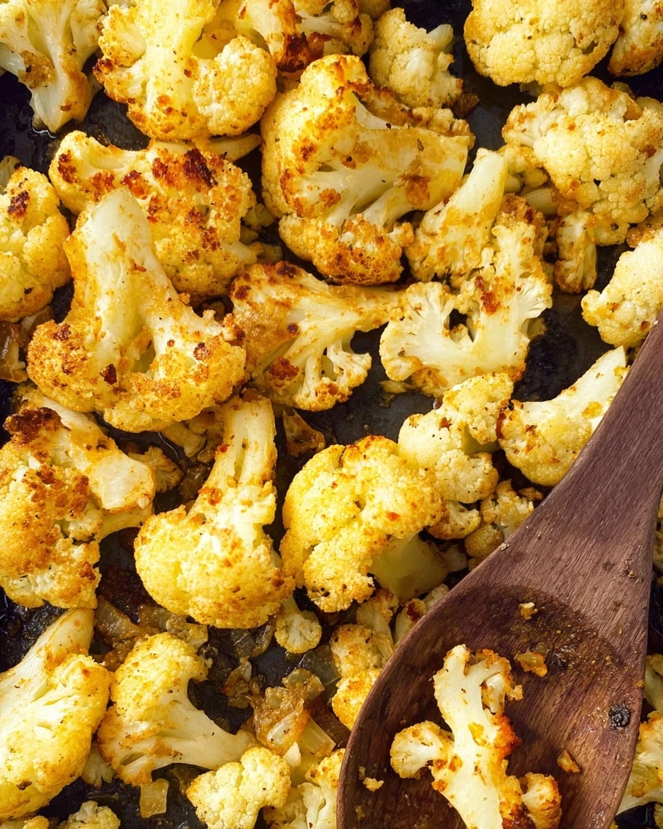 The image shows many pieces of cooked cauliflower with a light golden-brown color, spread closely together in layers. The cauliflower pieces have a slightly crispy texture with some charred spots. There are small bits of seasoning seen scattered on the cauliflower, and a wooden spoon is positioned on the right side, partially covering some pieces. The cauliflower rests on a dark cooking surface. photo taken with an iphone --ar 4:5 --v 7