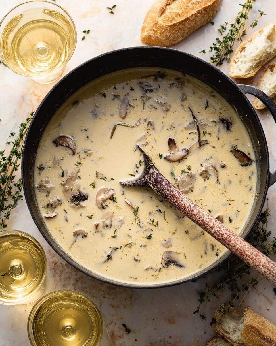 A large black pot filled with creamy, light beige soup that has small pieces of soft mushrooms and herbs floating on the surface. A wooden spoon with a worn texture rests inside the pot, partially covered with the soup, showing some herbs on it. The soup's surface has small bubbles and specks, giving it a fresh and hot look. Around the pot, there are small green herb sprigs scattered on a white marbled texture, with torn pieces of light brown bread and two clear glasses filled with a pale yellow liquid nearby. photo taken with an iphone --ar 4:5 --v 7