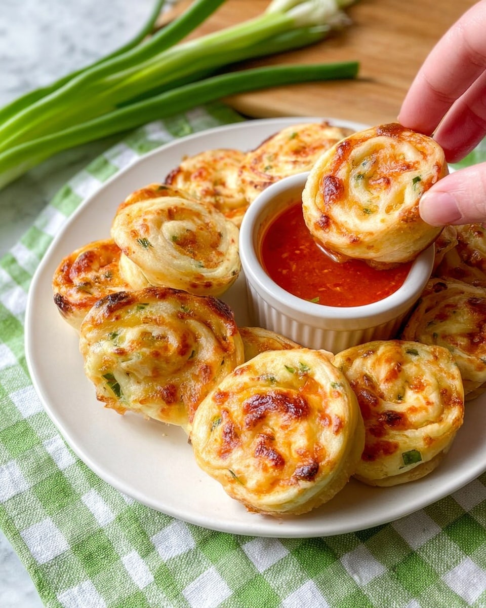 A white plate holds about a dozen small, round baked swirls that are golden brown on top with light browned spots and pieces of green herbs visible inside. The swirls have a soft, layered texture with visible layers of dough and filling. One swirl is held by a woman's hand dipping into a small white bowl filled with bright red sauce with an oily shine. The plate is set on a green and white checkered cloth, on a white marbled surface. A bunch of green onions lies in front of the plate. photo taken with an iphone --ar 4:5 --v 7