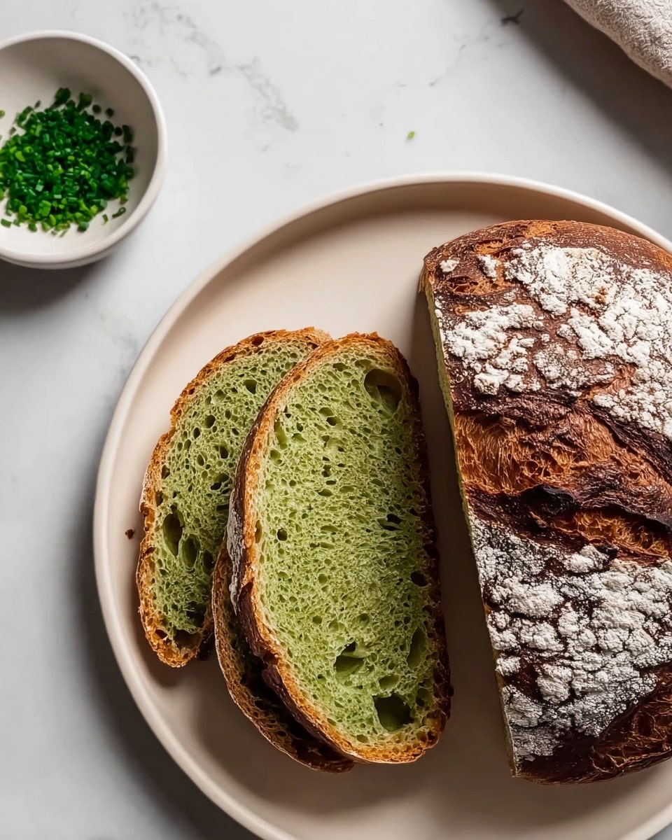 A round, rustic loaf of green bread sits in a white bowl lined with crinkled brown parchment paper. The bread has a rough, cracked top surface with a light dusting of white flour on its golden-brown crust, revealing the green, airy texture inside through deep splits. The bowl rests on a white marbled surface, emphasizing the colors and textures of the bread and parchment paper. photo taken with an iphone --ar 4:5 --v 7