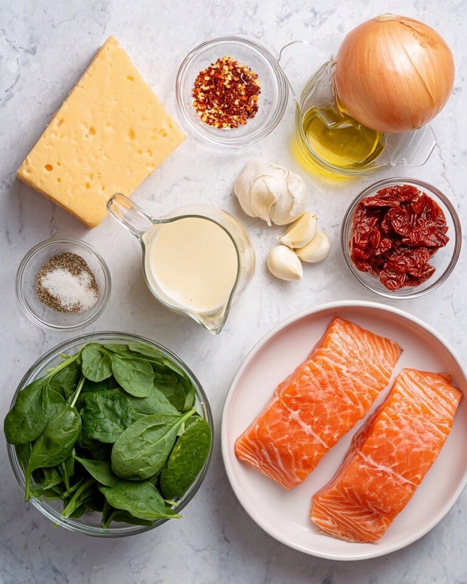 This image shows ingredients arranged on a white marbled surface. There is a large white bowl on the right side with three pieces of raw salmon, orange with white lines. Below it, a smaller clear bowl is filled with fresh green spinach leaves. To the left of the spinach, there is a block of yellow cheese with a rough texture. Above the cheese is a small clear bowl with red chili flakes. Above that bowl, there is a glass container of light yellow olive oil with a spout. Next to the olive oil, there is a measuring cup with a creamy white liquid. Near the center, three whole peeled garlic cloves are laid out. Above the garlic, a small clear bowl holds a mix of white and black seasonings. Next to it, a clear bowl contains red sun-dried tomatoes. In the upper right corner, a whole light brown onion is placed. The ingredients are neatly spaced on the white marbled background. Photo taken with an iphone --ar 4:5 --v 7