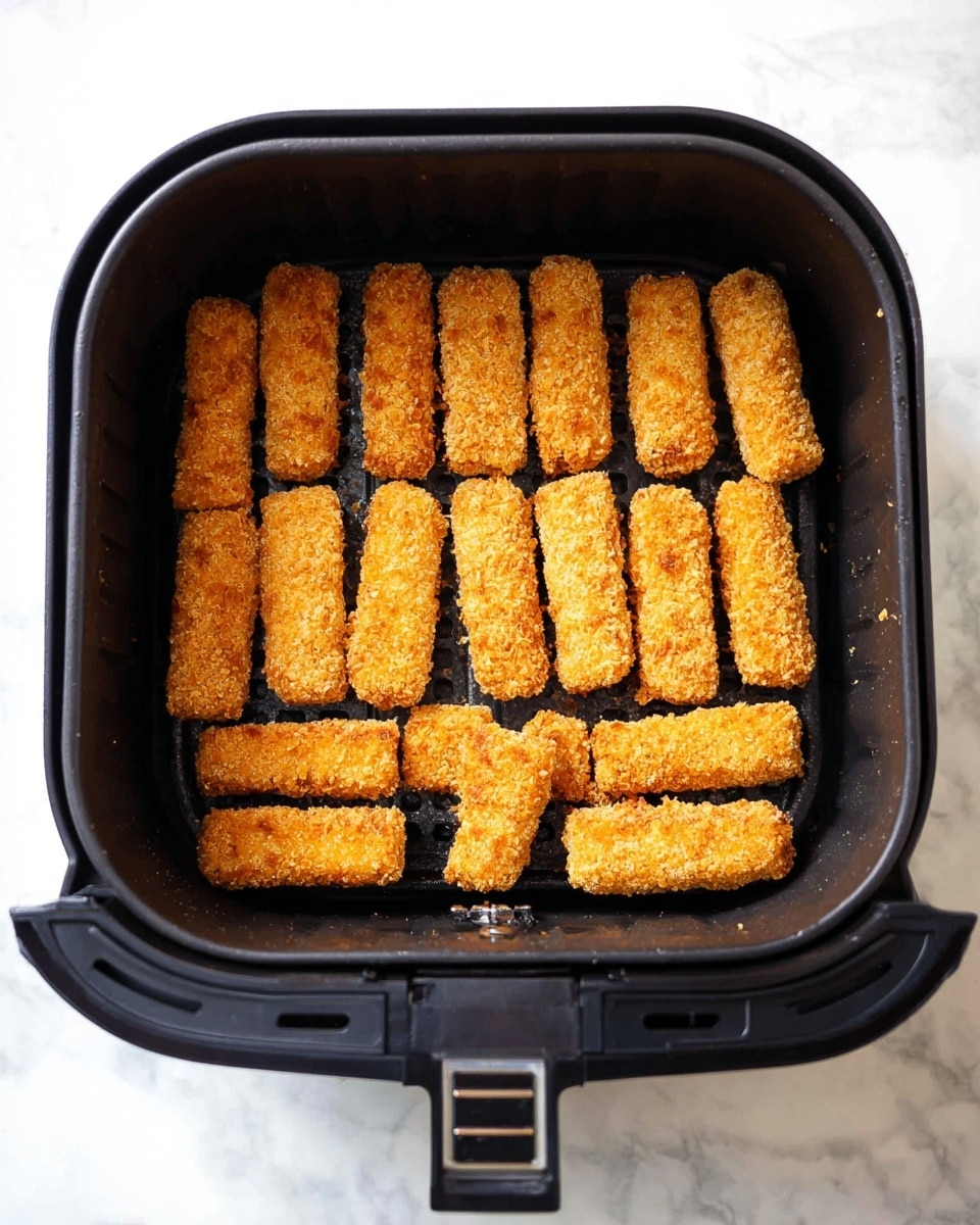 The image shows a black air fryer basket filled with two neat rows of golden brown, breaded sticks, likely fish or mozzarella sticks. Each stick is evenly spaced, and they have a crispy, textured coating. The basket is open, displaying the food inside on a white marbled surface. The black air fryer contrasts with the warm color of the sticks, highlighting their crunchy texture. Photo taken with an iphone --ar 4:5 --v 7