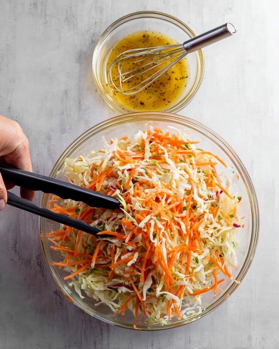 A large clear glass bowl sits on a white marbled surface filled with shredded cabbage and bright orange shredded carrots, mixed together with small green herb pieces visible. A woman's hand uses black tongs to toss the vegetable mix inside the bowl. Above it, there is a smaller clear glass bowl containing a golden yellow liquid dressing with a small metal whisk resting in it. The scene is well-lit, showing the fresh textures and vibrant colors of the salad ingredients with a clean, simple background. photo taken with an iphone --ar 4:5 --v 7