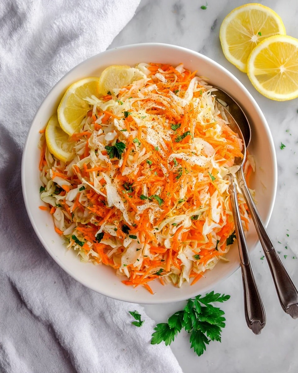 A white bowl filled with two main layers of shredded vegetables: the bottom layer is pale white cabbage, and the top layer is bright orange shredded carrots mixed evenly with the cabbage. There are small green parsley leaves scattered on top, adding a pop of color, along with a light sprinkle of black pepper. Two slices of lemon rest on the side inside the bowl, along with two silver spoons placed vertically at the back. The bowl sits on a white marbled surface with a white cloth nearby and three lemon wedges with a small sprig of parsley placed to the right of the bowl. photo taken with an iphone --ar 4:5 --v 7