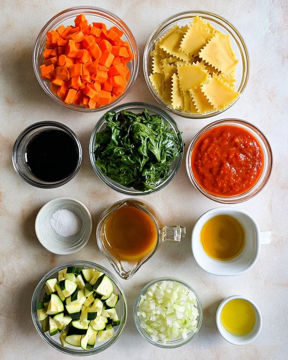 The image shows nine clear glass bowls and one small white bowl, all filled with different ingredients, arranged neatly on a white marbled surface. The bowls contain bright orange diced carrots, fresh green chopped spinach, light yellow square lasagna sheets with wavy edges, chopped zucchini pieces, smooth red tomato sauce, chopped white onions, light brown broth in a small pitcher, a small amount of black liquid in a glass container, coarse salt in a white bowl, and a small amount of yellow oil in a tiny white cup. The colors and textures are well defined, with the ingredients looking fresh and evenly cut. Photo taken with an iphone --ar 4:5 --v 7