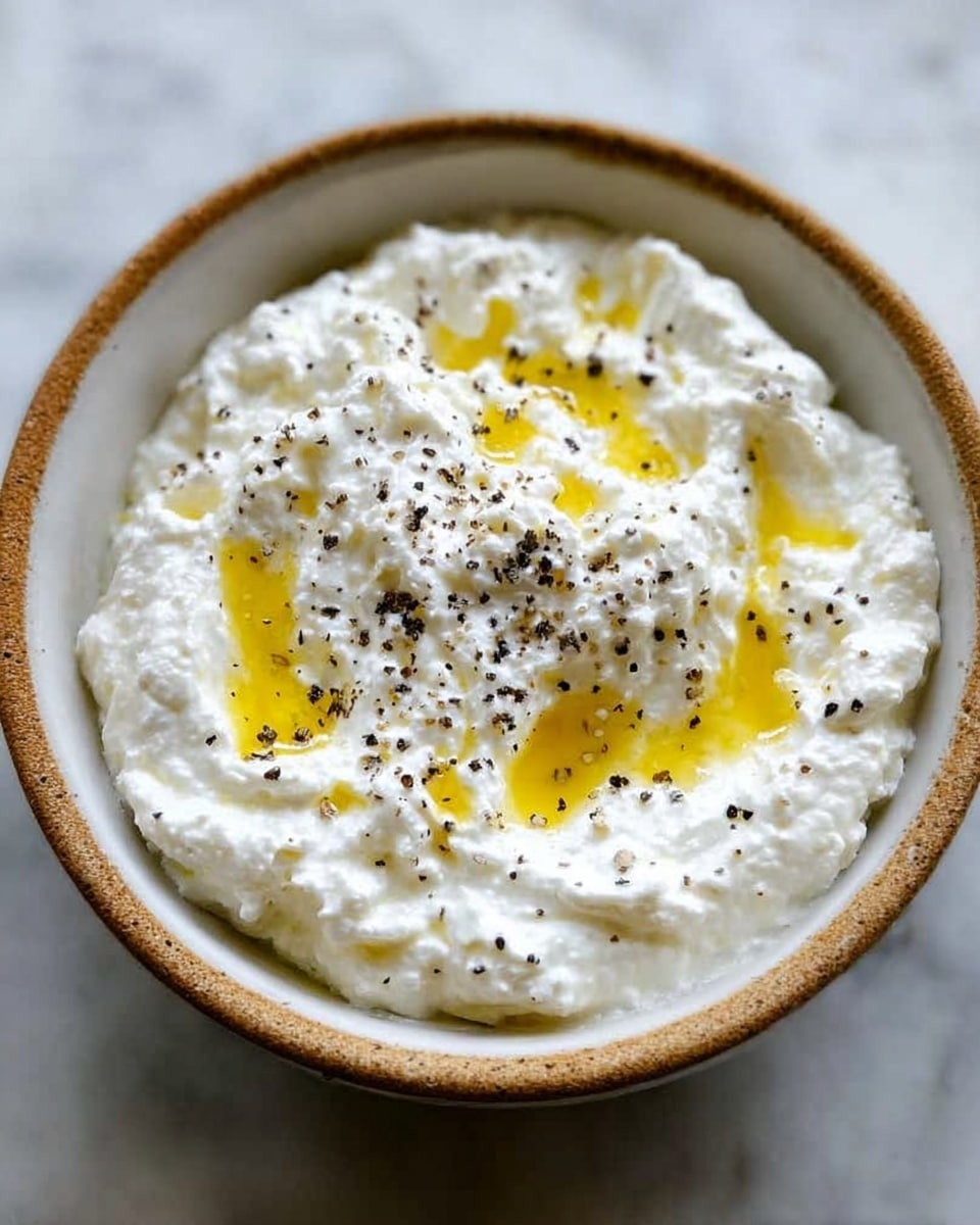 A white bowl filled with a creamy white dip that has a thick and slightly lumpy texture. The dip is topped with small black pepper specks scattered evenly and bright yellow oil drizzled in thin streams across the surface. The bowl sits on a white marbled surface, with the rough brown edge of the bowl contrasting softly with the smooth white inside. photo taken with an iphone --ar 4:5 --v 7