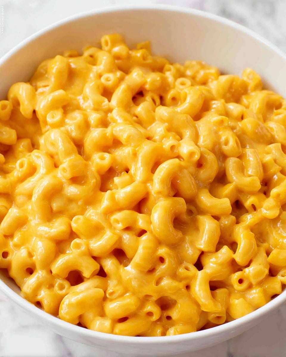 The image shows a close-up of one big white bowl full of macaroni pasta mixed with a smooth, creamy, bright orange cheese sauce that coats each curved pasta piece evenly. The macaroni is tightly packed inside the bowl, making the cheese sauce look thick and rich. The background is a white marbled texture. Photo taken with an iphone --ar 4:5 --v 7