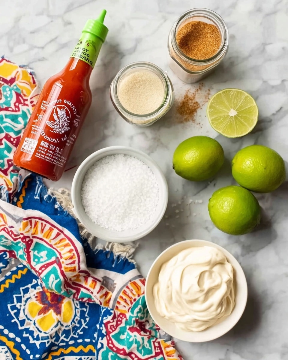 The image shows a white marbled surface with a white round bowl of creamy white sour cream near the center and a smaller white round bowl of light beige mayonnaise to its right. To the right of the mayonnaise bowl are three halves of fresh green limes. Above them is a clear plastic bottle of bright red hot chili sauce with a green cap and white text. Above the sour cream bowl, there are two small glass spice jars, one filled with pale yellow powder and the other with brown powder, with some spice spilled on the surface. A vibrant colored cloth with blue, red, yellow, and white geometric floral patterns lies on the left side of the sour cream bowl, beneath a white round bowl of white granulated salt and next to two halves of a green lime. The scene is brightly lit and very clear, photo taken with an iphone --ar 4:5 --v 7