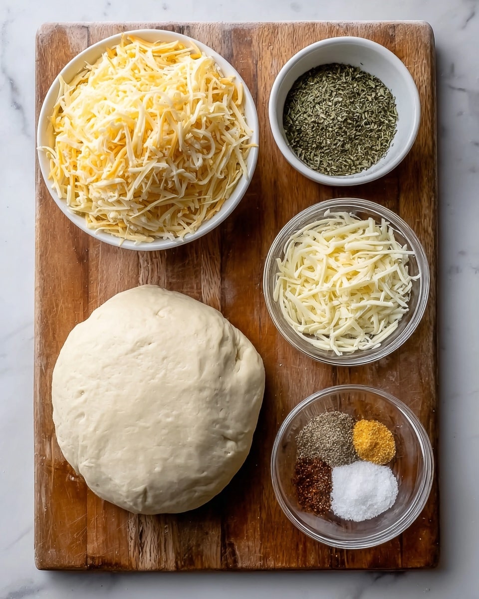 A wooden board lies on a white marbled surface, holding five items arranged neatly. At the bottom left, there is a large, smooth, beige ball of dough with a slightly uneven texture. Above it to the left, a white bowl is filled with light yellow and pale orange shredded cheese, piled high with some strands spilling over the edge. To the right of this bowl, a smaller white bowl holds a heap of green dried herbs with a coarse texture. Below that, another white bowl contains white shredded cheese, compactly heaped. At the bottom right sits a clear glass bowl filled with four different items divided in sections: white coarse salt, black pepper, light yellow garlic powder, and a smaller section of reddish-brown seasoning. photo taken with an iphone --ar 4:5 --v 7
