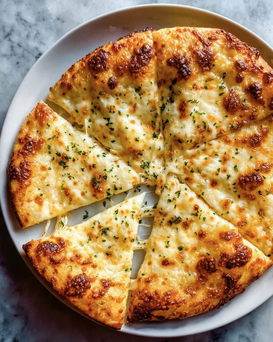 A round pizza is cut into five slices on a white plate, placed on a white marbled surface. The pizza has one main layer of melted cheese that is golden brown with some darker toasted spots, sprinkled evenly with small green herb bits. The cheese layer looks stretchy and bubbly, covering the pizza fully with a slightly thick crust visible around the edges. Photo taken with an iphone --ar 4:5 --v 7