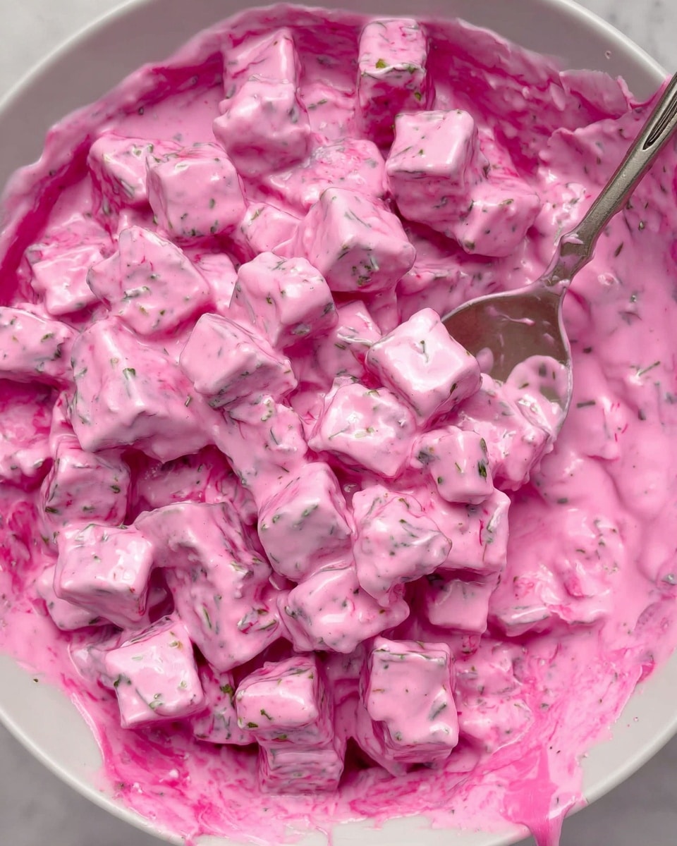 A close-up of a white bowl filled with a creamy bright pink salad. The salad has many small cube-shaped pieces that are covered in a thick, smooth pink sauce mixed with tiny green herb bits. A silver spoon is partially submerged in the salad on the right side, with some sauce dripping from it onto the white marbled surface below. Photo taken with an iphone --ar 4:5 --v 7
