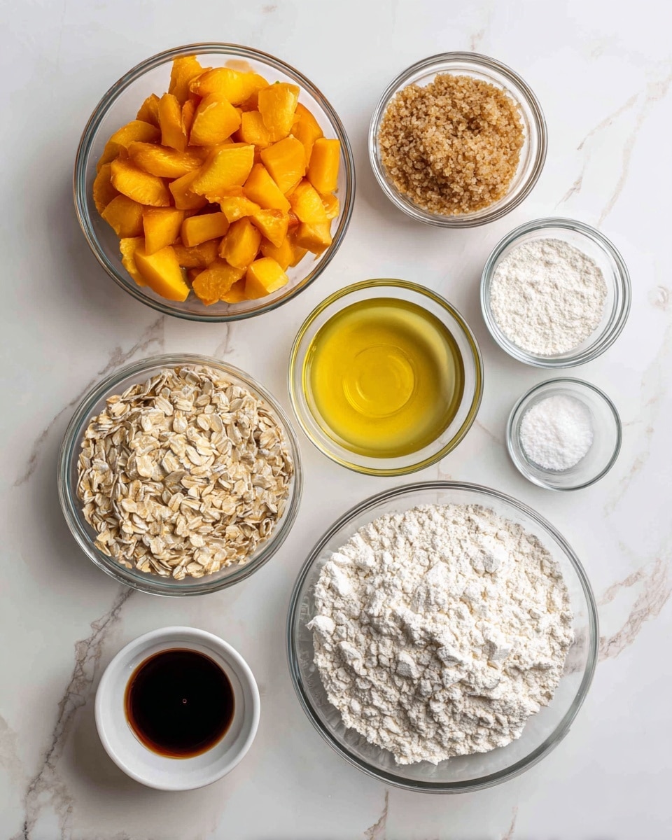 The image shows a white marbled surface with nine clear glass bowls arranged neatly. Starting from the top left corner is a bowl filled with orange peach pieces. To its right is a bowl holding light brown cane sugar, and next to that is a bowl with pale yellow olive oil. Below the peaches is a bowl containing beige rolled oats, with another bowl below it filled with mashed banana that looks smooth and creamy. In the center at the bottom is a very small bowl of dark brown vanilla extract, and above it slightly to the right is a small bowl of white baking powder. On the right side is a large bowl of white flour. Each bowl’s contents are clearly separated and easy to see, all placed on the clean white marbled surface photo taken with an iphone --ar 4:5 --v 7