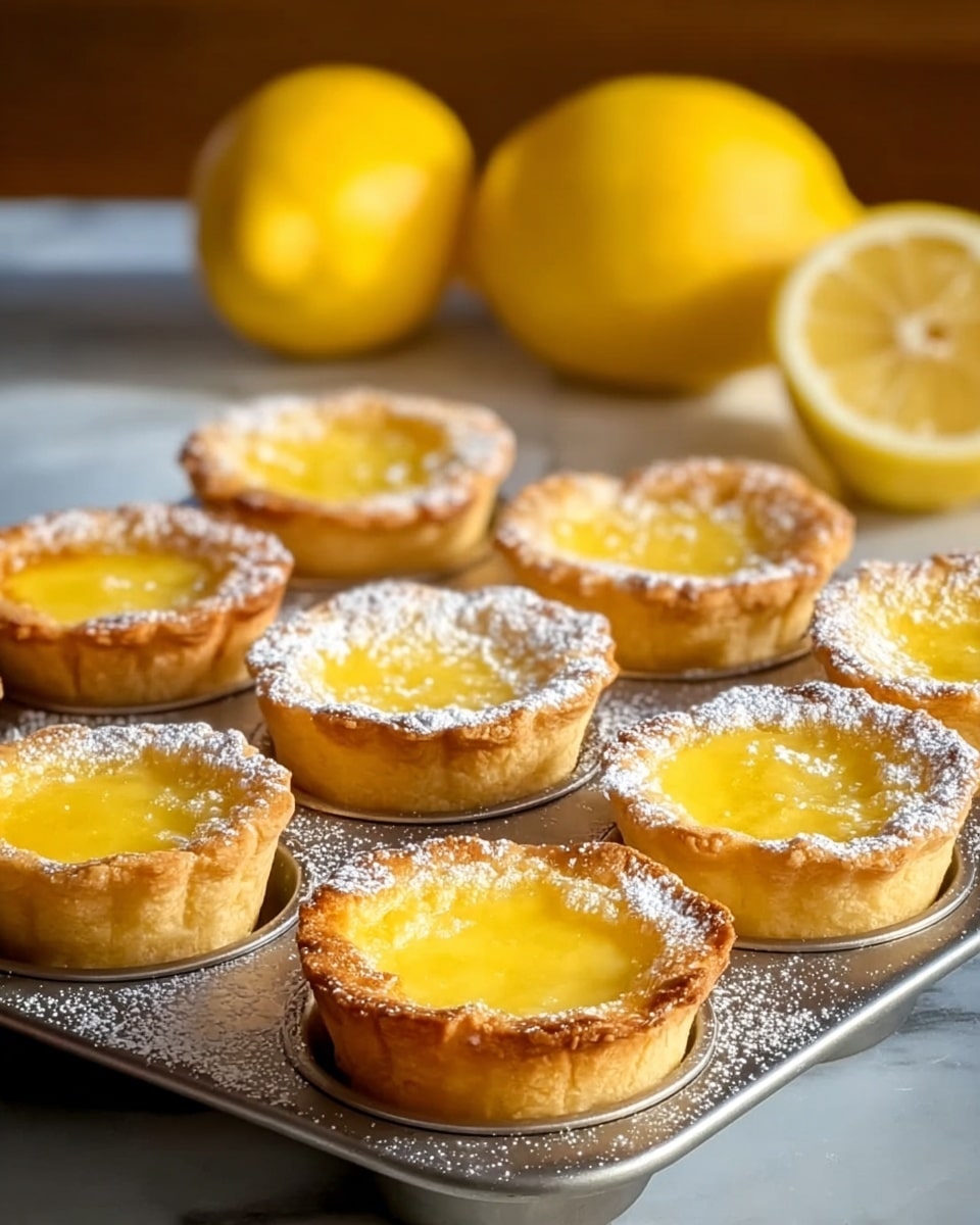 The image shows a metal baking tray filled with nine lemon tarts, each with a golden-brown crust and smooth, bright yellow lemon filling inside. The tarts have a light dusting of white powdered sugar on top, giving a soft contrast to the yellow filling. The edges of the crust are slightly raised and crumbly, with a warm, baked texture. In the background, there are three whole bright yellow lemons and one lemon half, placed on a white marbled surface that looks clean and fresh. The overall lighting is warm and natural, highlighting the glossy filling and the flaky crust. photo taken with an iphone --ar 4:5 --v 7