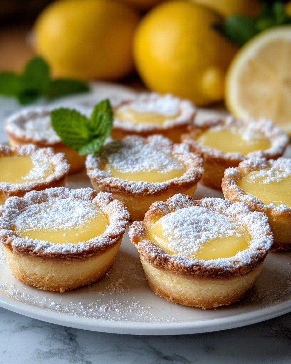 Five small lemon tarts are placed on a white plate over a white marbled surface. Each tart has two layers: a golden brown crust layer at the bottom and a thick, smooth yellow lemon filling layer on top. One tart is broken open to show the shiny lemon filling inside. The tops of all the tarts are dusted with white powdered sugar. In the background, there are two yellow lemons and a small green mint leaf on the plate near the tarts. Photo taken with an iphone --ar 4:5 --v 7